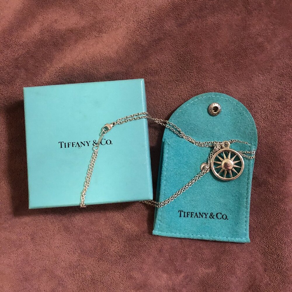 Tiffany & Co. Sterling Silver Sun Necklace - Double Chain Necklace, Pouch & Box